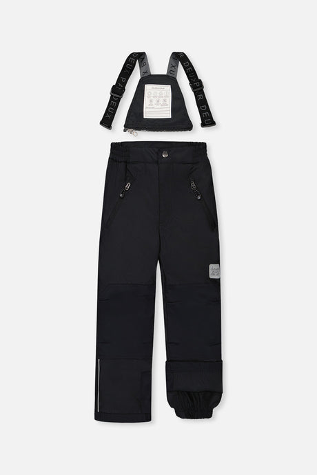 Black PLAY snow pants front view with adjustable suspenders