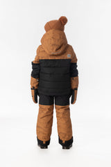 Boy in the brown and black Deux par Deux PLAY snowsuit, back view