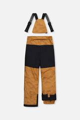 Deux par Deux boys PLAY snowsuit, brown and black – brown and black snow pants, back view with suspenders off