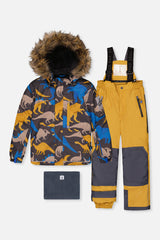 Two Piece Play Snowsuit Grey And Blue Dinosaur Print With Yellow Pants-0