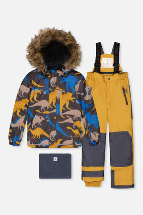 Deux par Deux PLAY two-piece snowsuit in Grey and Blue Dinosaur Print with Yellow Pants — main product view