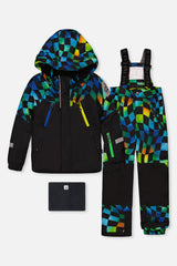 Deux par Deux boys black PLAY snowsuit with green yellow blue checkerboard pants and neckwarmer