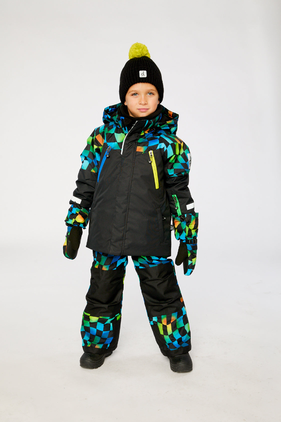 Boys black colorblock checkerboard winter snowsuit modeled outdoors
