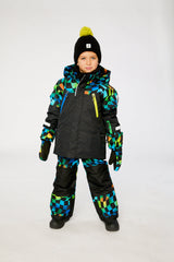 Boys black colorblock checkerboard winter snowsuit modeled outdoors