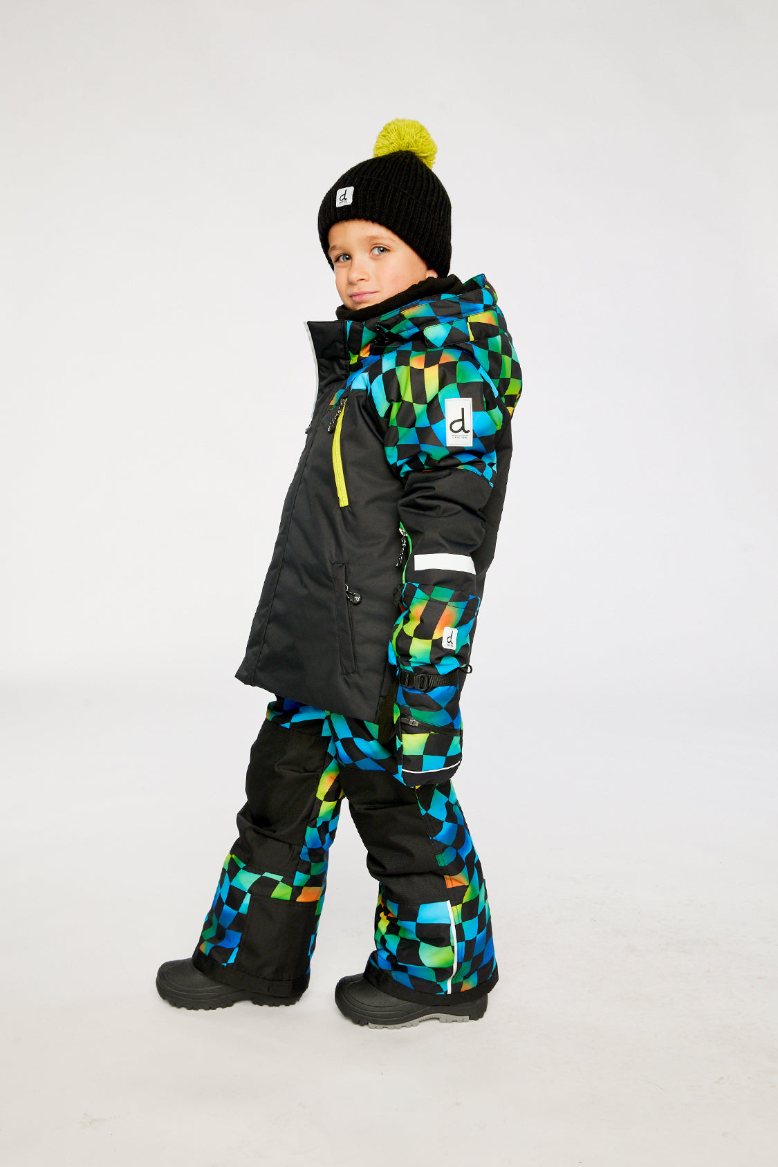 Deux par Deux boys black colorblock snowsuit with multicolor checkerboard snow pants