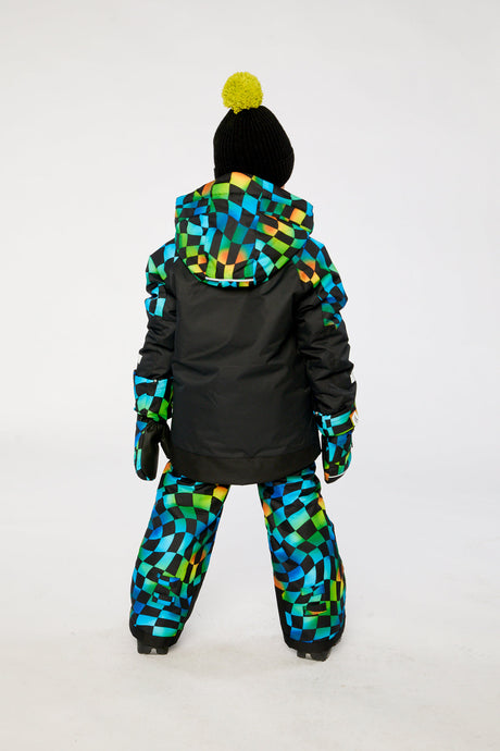 Deux par Deux Two Piece Play Snowsuit Black Colorblock With Green Yellow And Blue Checkerboard Pants