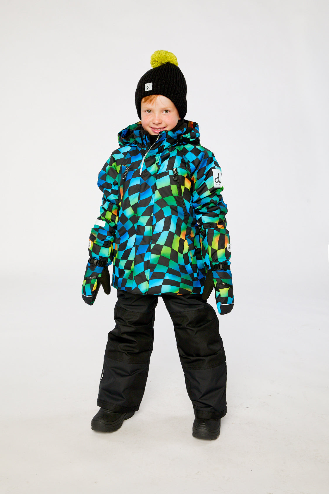 Boys checkerboard two-piece snowsuit with black pants lookbook view