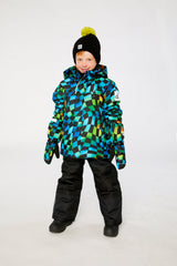 Boys checkerboard two-piece snowsuit with black pants lookbook view