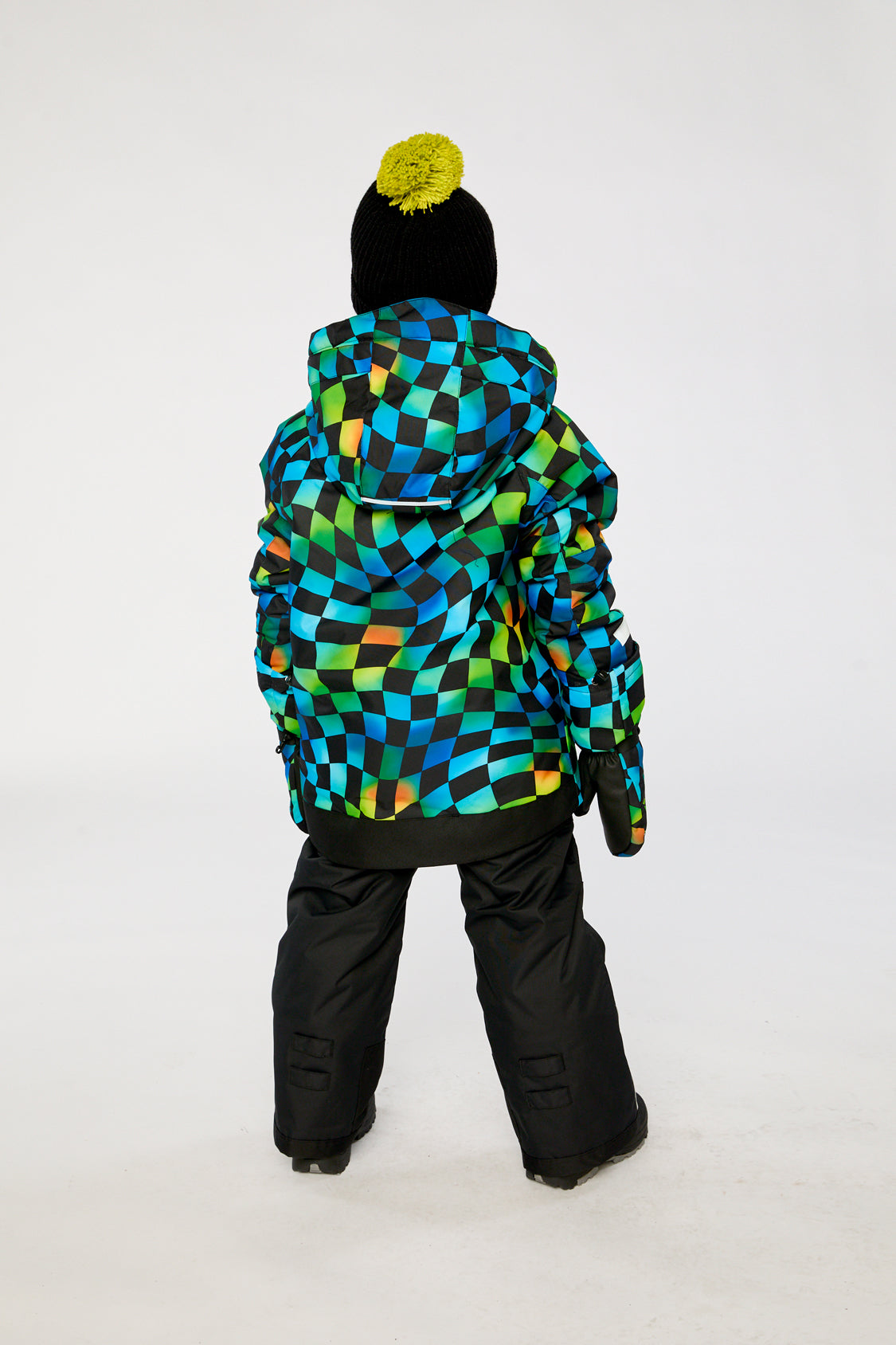 Boys green yellow blue checkerboard snowsuit with black pants alternate lookbook view