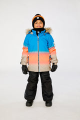 Child wearing the Deux par Deux PLAY two-piece snowsuit in Blue and Orange Gradient in a winter lookbook view