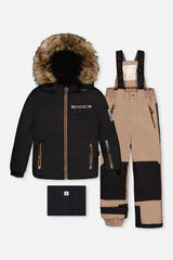 Deux par Deux boys PLAY two-piece snowsuit in black and beige with technical jacket and reinforced snow pants