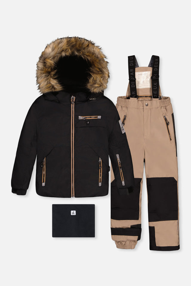 Deux par Deux boys PLAY two-piece snowsuit in black and beige with technical jacket and reinforced snow pants