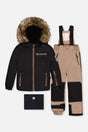 Deux par Deux boys PLAY two-piece snowsuit in black and beige with technical jacket and reinforced snow pants