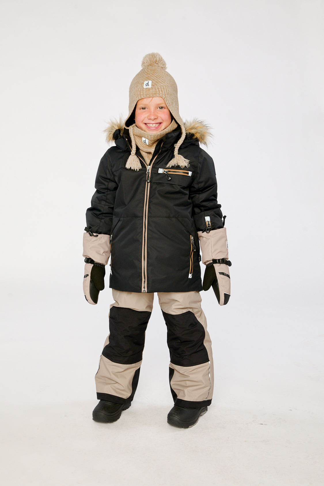 Deux par Deux boys black and beige PLAY snowsuit designed for active cold-weather winter play