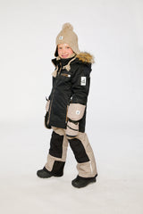 Boys Deux par Deux PLAY snowsuit in black and beige with durable Cordura-reinforced snow pants