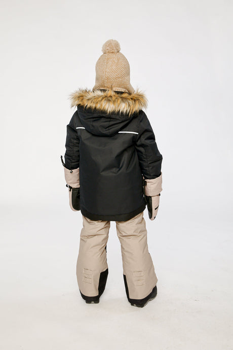 Deux par Deux boys PLAY winter snowsuit in black and beige with grow-with-me construction