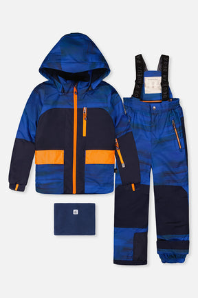 Deux par Deux boys Play two-piece snowsuit in navy blue and orange with blue pants