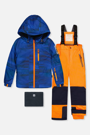 Deux par Deux boys navy blue and orange PLAY snowsuit with orange pants front product view