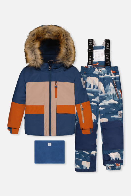 Deux par Deux boys PLAY two-piece snowsuit with navy rust colorblock jacket and blue bear-print snow pants