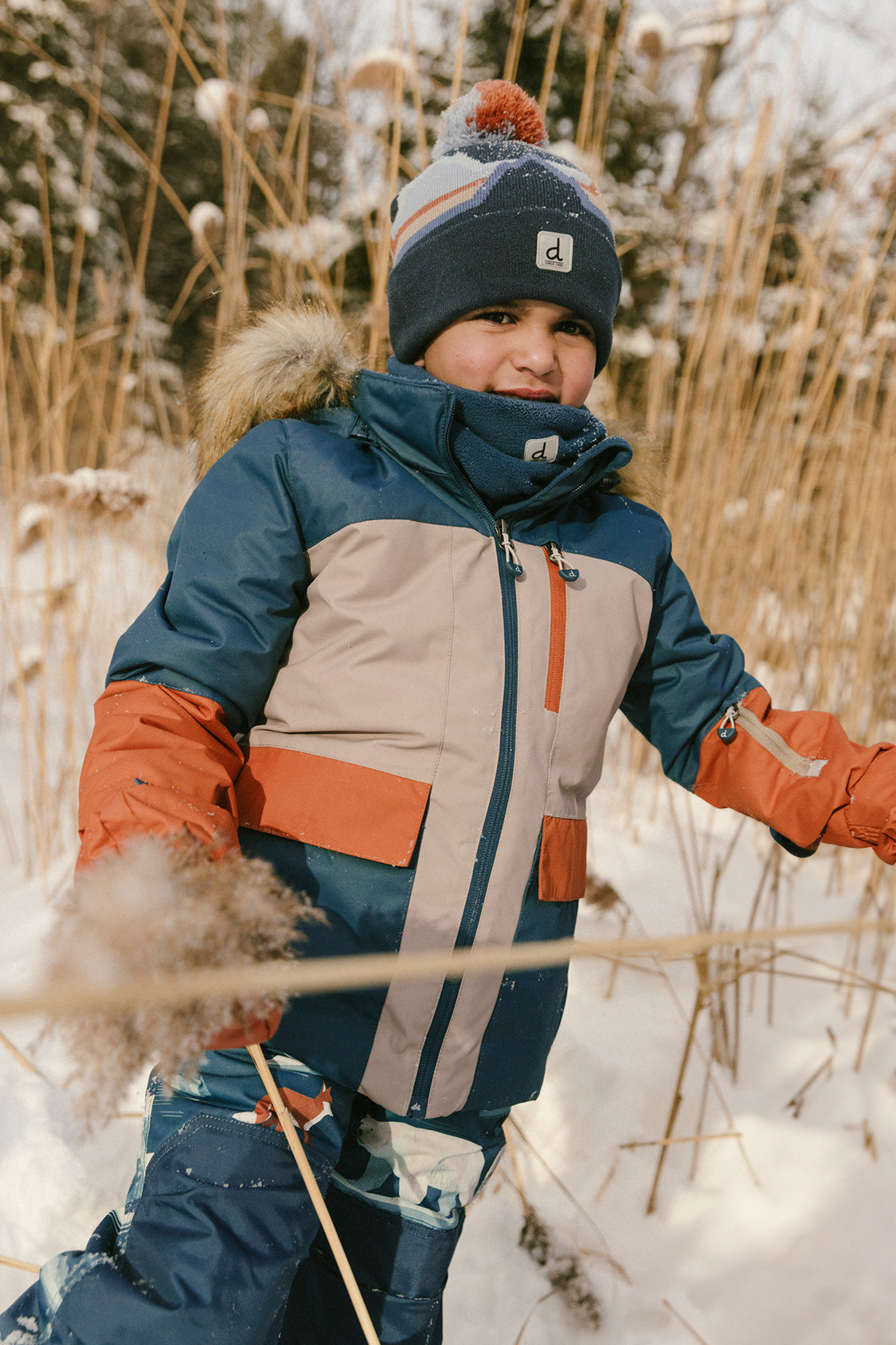 Boys Deux par Deux PLAY winter snowsuit in navy rust and blue with bear-print reinforced pants