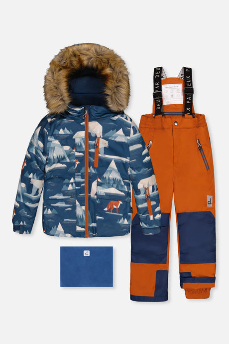 Deux par Deux boys PLAY two-piece snowsuit with blue bear print jacket and rust snow pants.