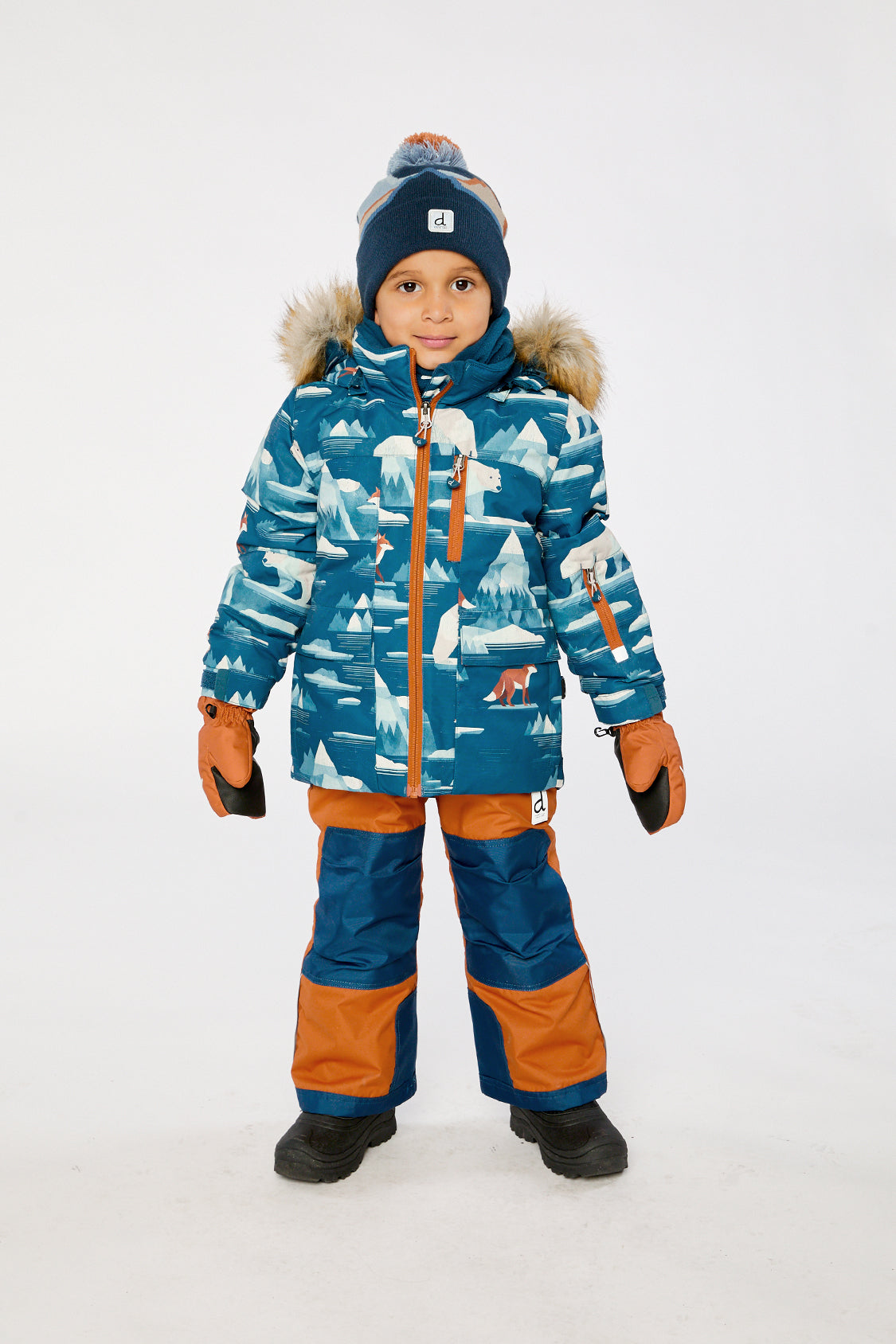 Boys Deux par Deux blue bear print PLAY snowsuit with rust pants for active -30°C winter days.