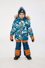 Boys Deux par Deux blue bear print PLAY snowsuit with rust pants for active -30°C winter days.