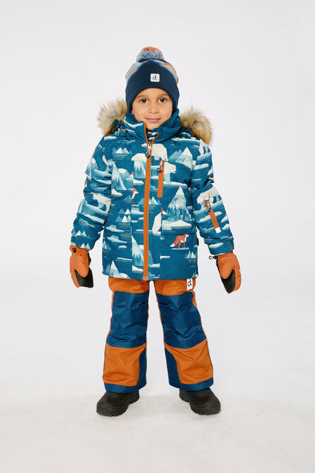 Boys Deux par Deux blue bear print PLAY snowsuit with rust pants for active -30°C winter days.