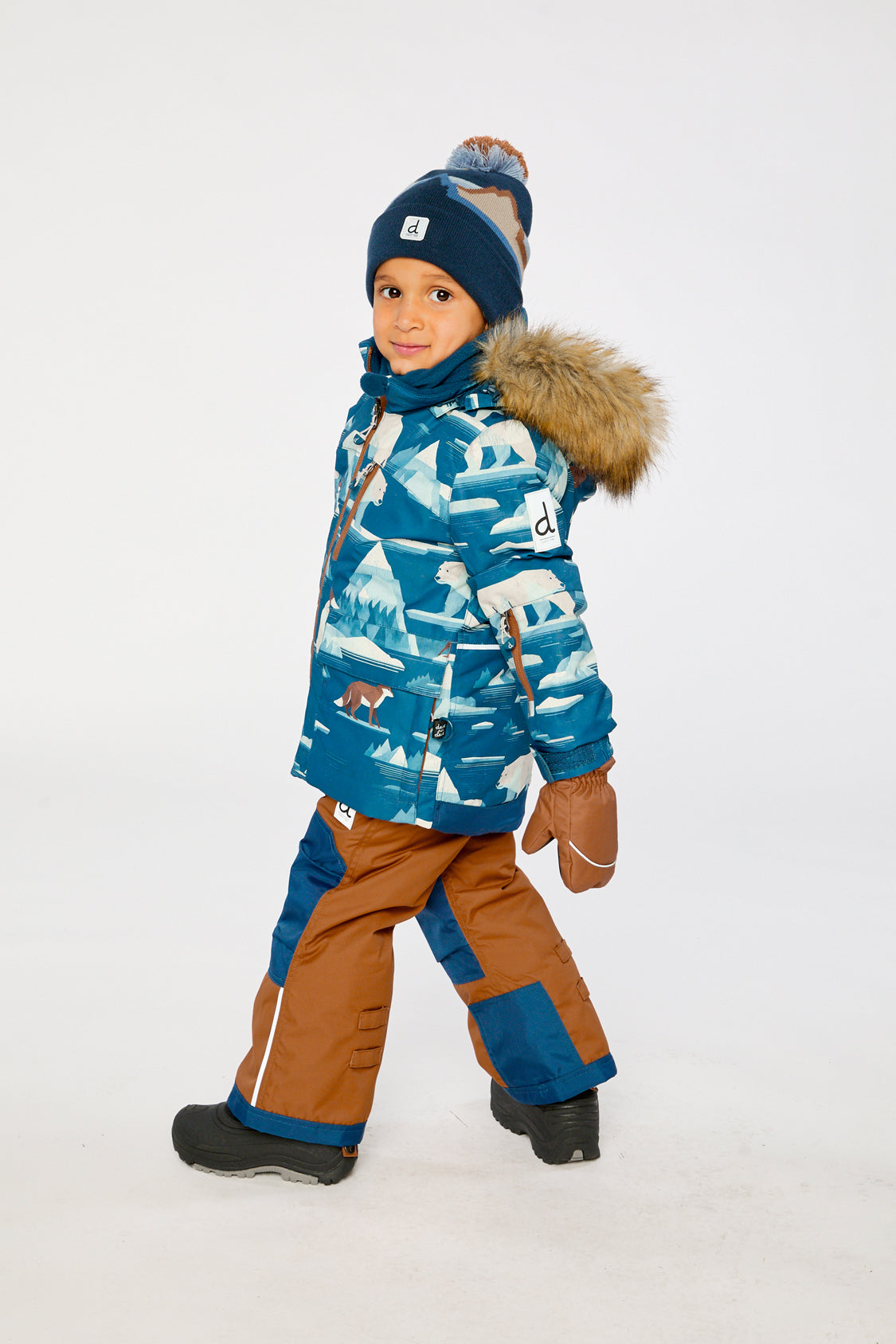 Deux par Deux boys PLAY winter snowsuit in blue bear print with reinforced rust snow pants.