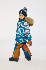 Deux par Deux boys PLAY winter snowsuit in blue bear print with reinforced rust snow pants.
