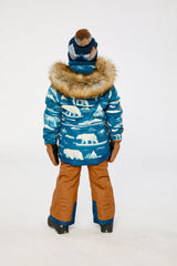 Boys Deux par Deux blue bear and rust PLAY snowsuit with articulated fit and Cordura reinforced pants.