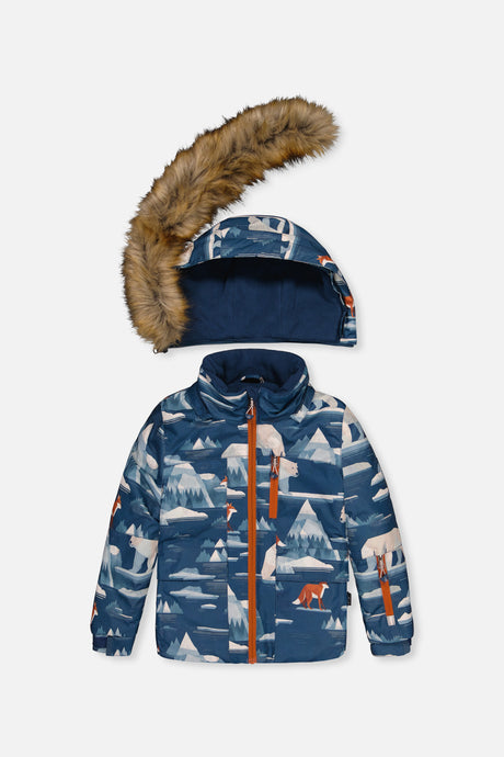 Deux par Deux boys PLAY snowsuit in blue bear print and rust with grow-with-me winter design.