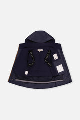 Deux par Deux boys' PLAY snowsuit with navy blue jacket and brown snow pants, additional angle