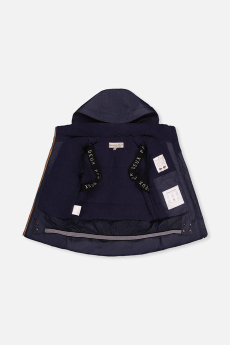 Deux par Deux boys' PLAY snowsuit with navy blue jacket and brown snow pants, additional angle