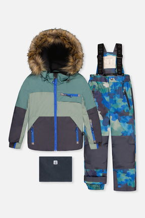 Deux par Deux boys PLAY green navy snowsuit with blue camouflage pants -30°C 10K sizes 2-14