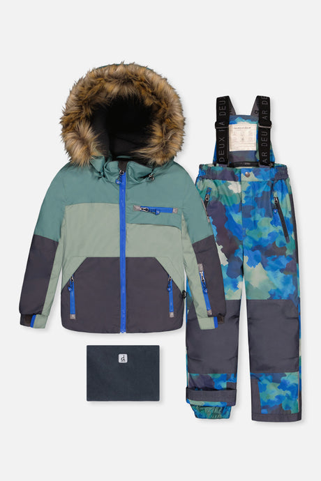 Deux par Deux boys PLAY green navy snowsuit with blue camouflage pants -30°C 10K sizes 2-14