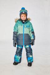 Boy wearing Deux par Deux green navy colorblock PLAY snowsuit with blue camo snow pants