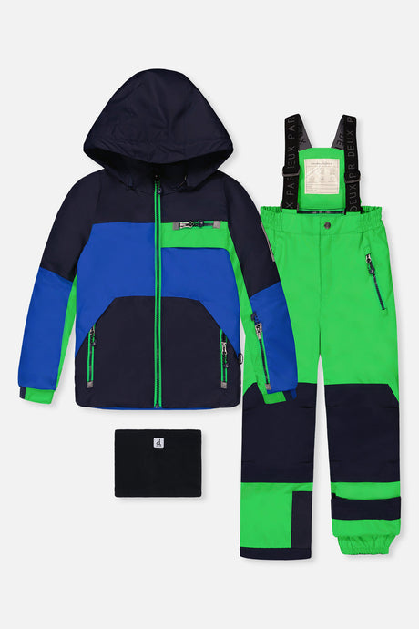Deux par Deux PLAY two-piece snowsuit in Royal Blue and Green Colorblock — main product view