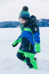 Deux par Deux PLAY two-piece snowsuit in Royal Blue and Green Colorblock shown in an alternate outdoor winter lifestyle view