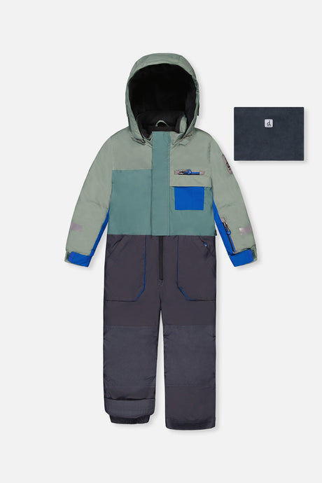 Deux par Deux kids PLAY one-piece snowsuit in sage green and grey winter product view