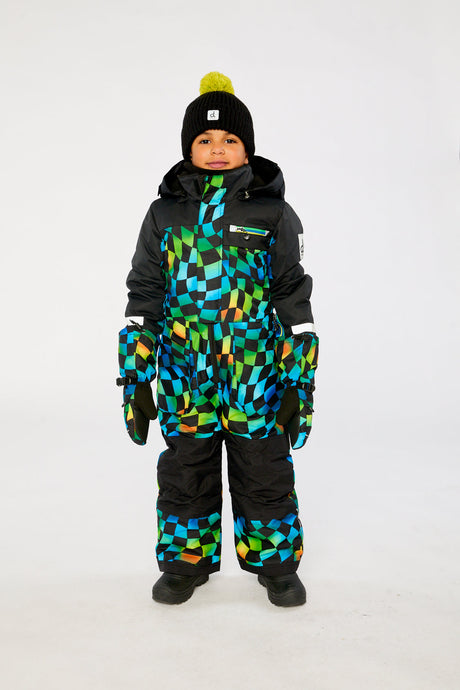 Child wearing the Deux par Deux kids PLAY one-piece snowsuit in Blue Checkered Print in a winter lookbook view