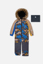 Deux par Deux boys grey and blue dinosaur PLAY one-piece snowsuit front view