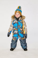 Boys grey blue dinosaur one-piece snowsuit with faux-fur hood and reinforced knees