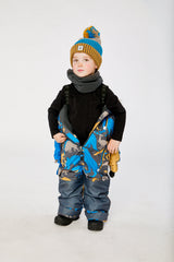 Deux par Deux boys grey blue dinosaur one-piece snowsuit modeled outdoors