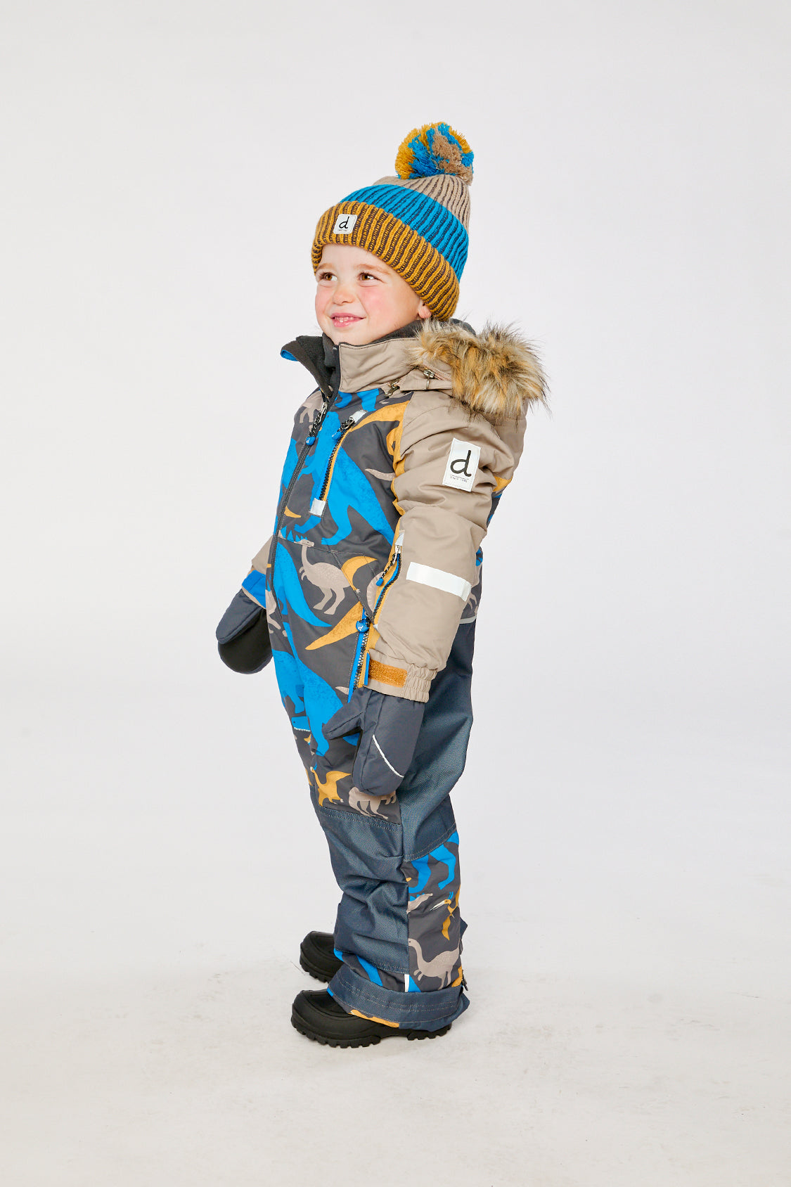 Deux par Deux Kids One Piece Play Snowsuit Grey And Blue Dinosaur Print