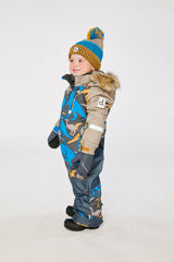 Deux par Deux Kids One Piece Play Snowsuit Grey And Blue Dinosaur Print