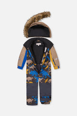 Deux par Deux Kids One Piece Play Snowsuit Grey And Blue Dinosaur Print