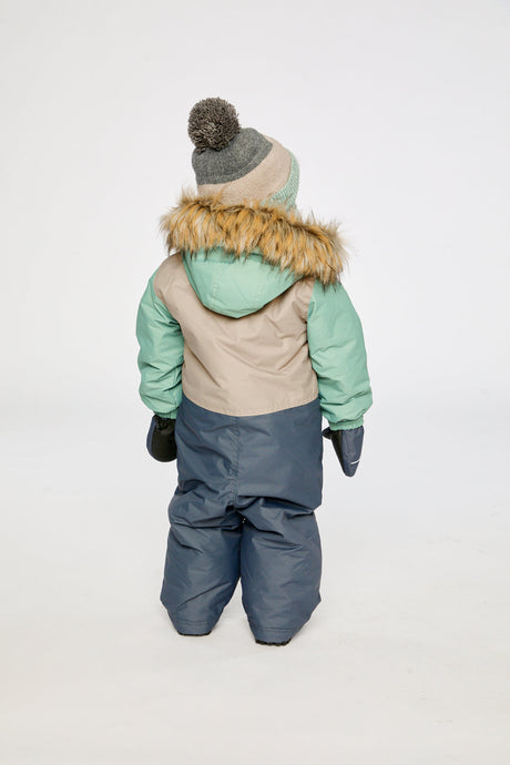 Alternate winter lookbook view of the Deux par Deux baby car-seat one-piece snowsuit in Cool Dark Grey