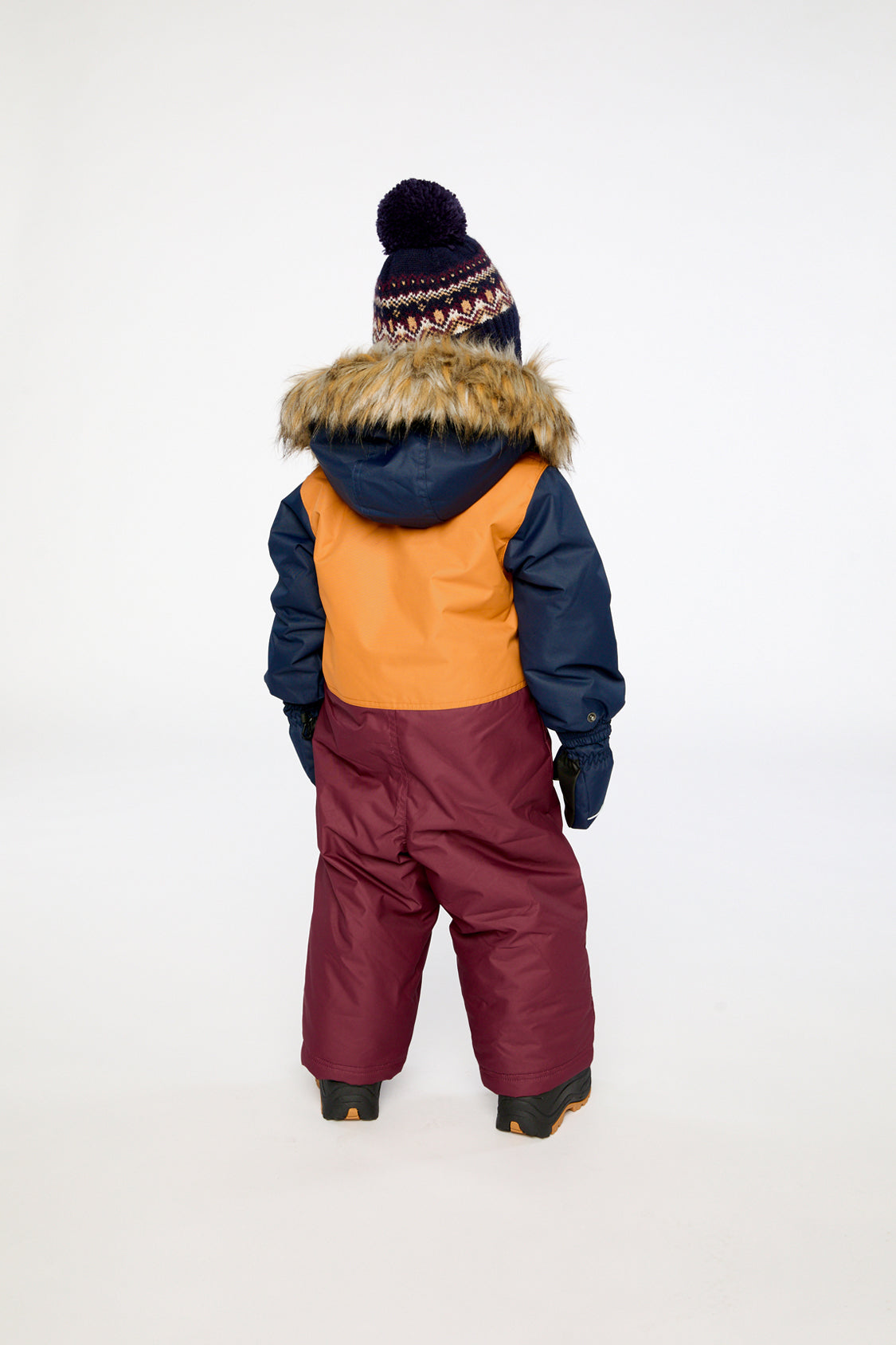 Alternate winter lookbook view of the Deux par Deux baby car-seat one-piece snowsuit in Burgundy