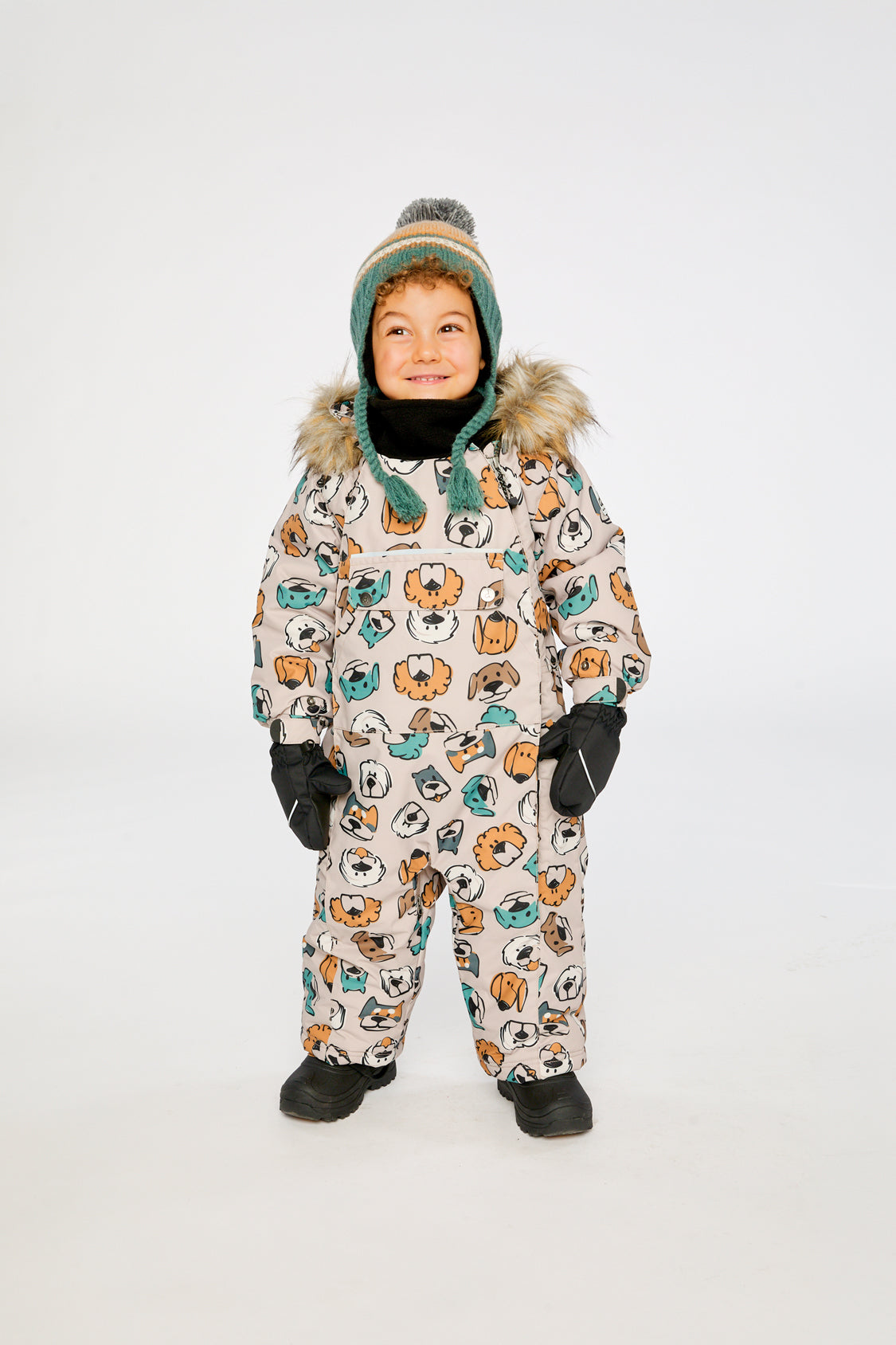 Baby boy beige dog print car seat snowsuit with fleece-lined hood